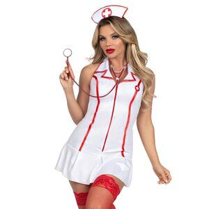 Sexy Head Nurse Costume with Halter Zipper Dress, Toy Stethoscope, and Headband